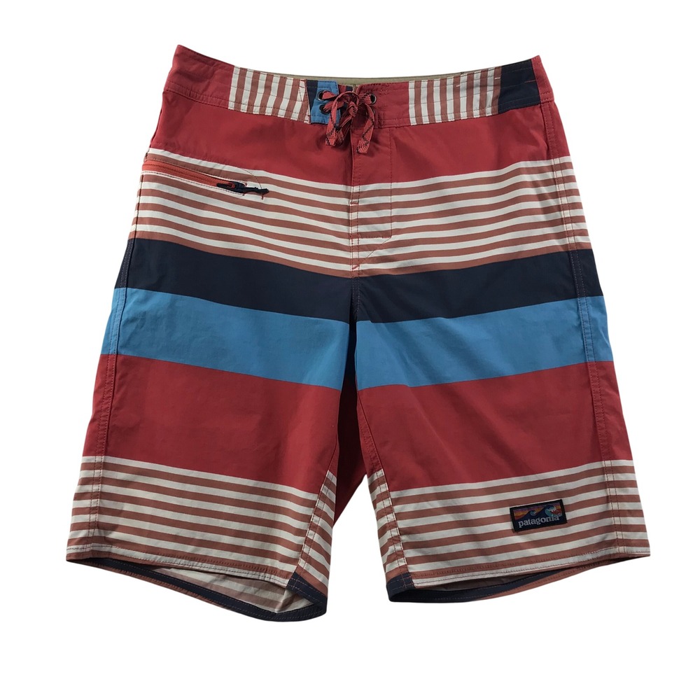 Patagonia Mens 32 Striped Board Shorts Red Blue Nylon Stretch Swim Trunks